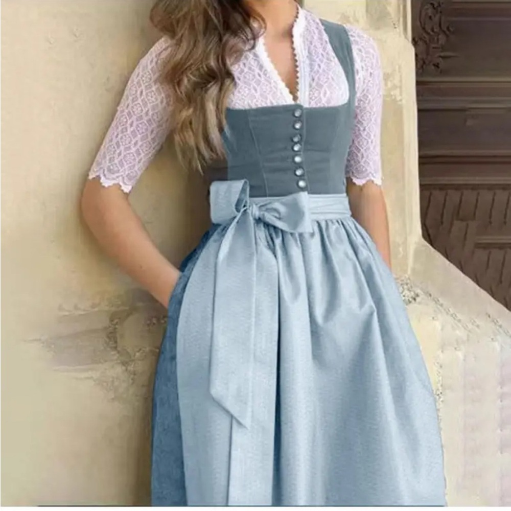 Elegant Blue and White Dress with Lace Details